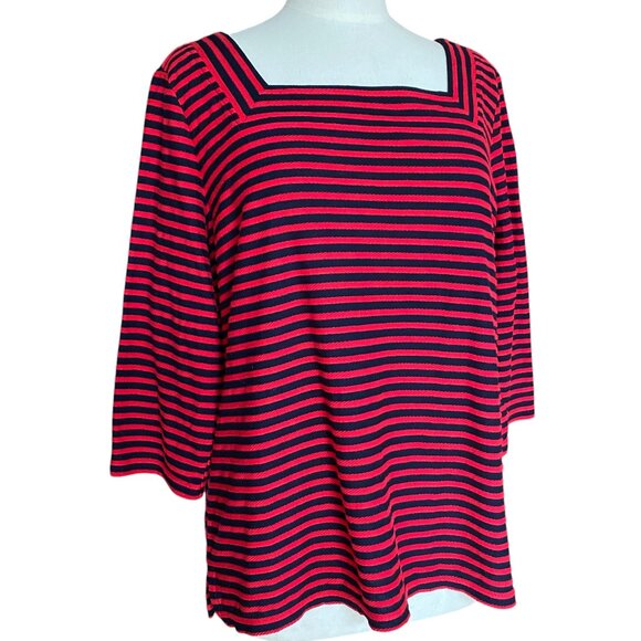 Talbots Plus Nautical Stripe Tweed Shirt Red Blue Square Neck Sailor Coastal-1X - Picture 1 of 12